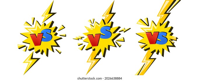 Superhéroe contra signo con relámpago. Letras VS en estrella amarilla como símbolo de batalla y confrontación. Ilustración vectorial cómica aislada en fondo blanco