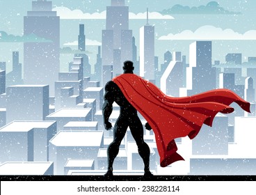 Superhero Watch: Superhero Watching Over City. No Transparency Used. Basic (linear) Gradients. A4 Proportions. 