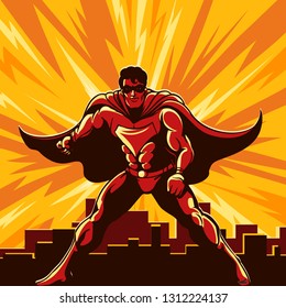 Superhero watching over the city drawn in retro poster style. Vector illustration.