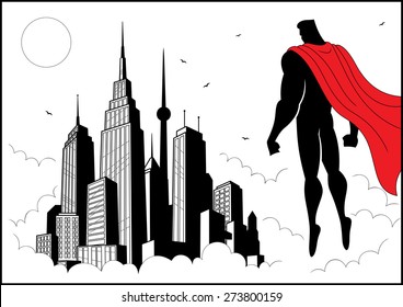 Superhero watching over city. No transparency and gradients used.