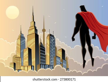 Superhero watching over city. No transparency used. Basic (linear) gradients.