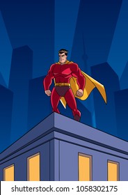 Superhero watching over the city from the roof of a tall building at night.  