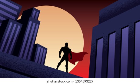 Superhero watching over the city from the roof of a tall building at night.