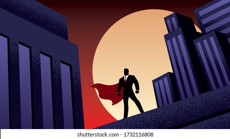 Superhero watching over the city from the roof of a tall building at night.