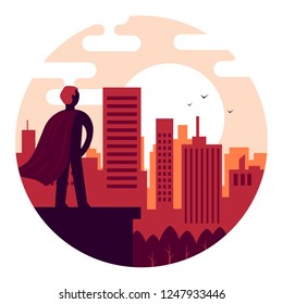 superhero watching the sunrise against the backdrop of the city. vector illustration