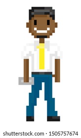 Superhero wearing suit holding object, portrait and full length view of smiling pixel man, geometric boy game character, vector. Pixeleted character for video-game or app 8bit game
