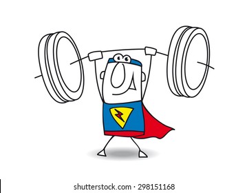 Superhero weight lifter. This superhero is very strong. He is a weight lifter