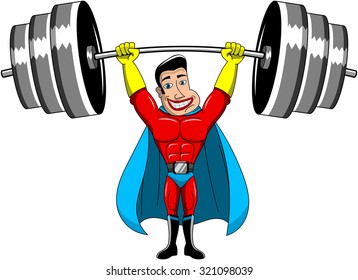  Superhero Weightlifter lifting heavy weights above head isolated