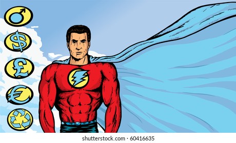 Superhero where any text or image can be put on flowing cape. With vector, crests are on a separate layer, and can be moved/removed.