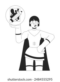 Superhero woman with artists supplies black and white 2D line cartoon character. Korean female recommending drawing isolated vector outline person. Lifestyle monochromatic flat spot illustration