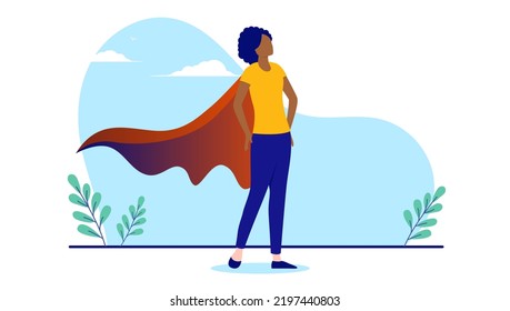 Superhero Woman - Black Superwoman Character Standing Proud And Being The Best, In Casual Clothes And Hero Cape. Flat Design Vector Illustration With White Background