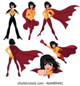 Superhero Woman Cartoon Action Poses Collection. EPS 10 Vector.