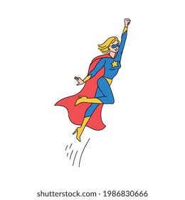 Superhero woman cartoon character flying in costume with red cape blowing in wind, sketch vector illustration isolated on white background. Comic super strong personage.