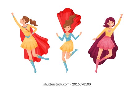 Superhero Woman Character in Waving Cloak Rushing to Rescue Vector Set