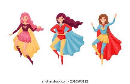 Superhero Woman Character in Waving Cloak Rushing to Rescue Vector Set
