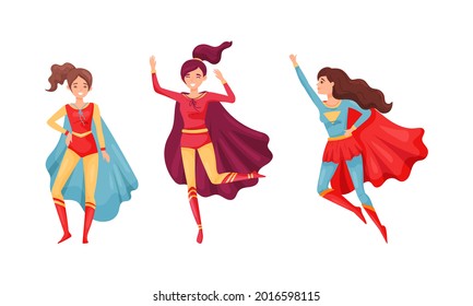 Superhero Woman Character in Waving Cloak Rushing to Rescue Vector Set