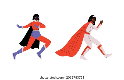 Superhero Woman Character Wearing Cloak Having Superpower Vector Set