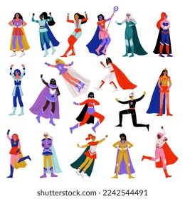 Superhero Woman Character Wearing Cloak Having Superpower Big Vector Set