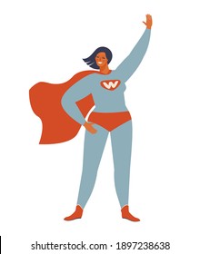 Superhero woman character. Wonderful female hero character in superhero costume with waving cape disguise. female in muscular pose, game figure. Super girl cartoon vector isolated.