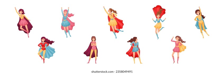 Superhero Woman Characters Wearing Cape or Cloak Vector Set