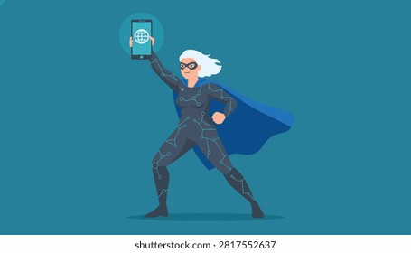 Superhero woman with circuit board patterned costume holding a digital device with a global internet symbol.
