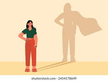 Superhero woman concept. Superwoman in cape standing near wall. Good feelings and emotions, self confidence and acceptance. Cartoon flat vector illustration isolated on yellow background