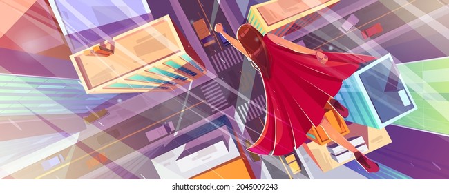 Superhero woman flies above city street with houses, road and cars. Vector cartoon illustration of superwoman in red cape flying in hero pose. Top view of town with buildings and girl fast flight