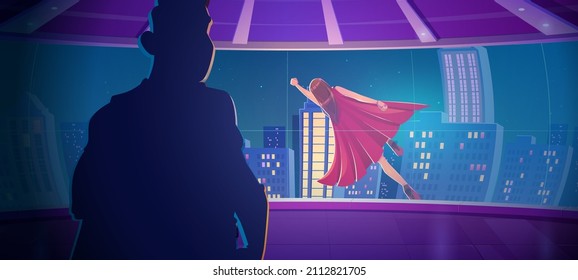Superhero woman flies above city street outside panoramic window. Vector cartoon illustration of man watching superwoman in red cape flying in hero pose through curved glass wall or on movie screen