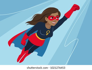 Superhero woman in flight. Attractive young African American woman wearing superhero costume with cape, flying through air in superhero pose, on sky background. Flat contemporary style vector element 