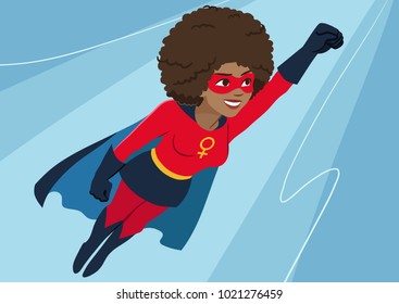 Superhero woman in flight. Attractive young African American woman wearing superhero costume with cape, flying through air in superhero pose, on sky background. Flat contemporary style vector element 