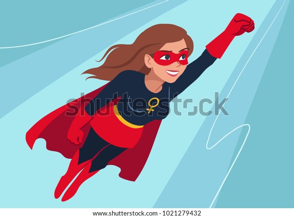 Superhero woman in\
flight. Attractive young Caucasian woman wearing superhero costume\
with cape, flying through air in superhero pose, on sky background.\
Flat contemporary\
style.