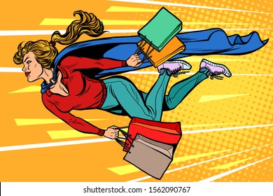 superhero woman flying with shopping. sales and discounts in stores. pop art retro vector illustration kitsch vintage drawing 50s 60s