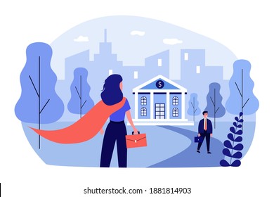 Superhero woman going in bank. Work, credit, finance flat vector illustration. Business and banking concept for banner, website design or landing web page