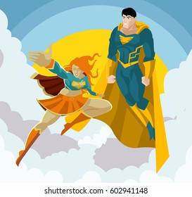 superhero woman and man in the sky