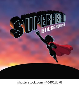 Superhero Woman Silhouette Sunrise Or Sunset Background With Copy Space. EPS 10 Vector.