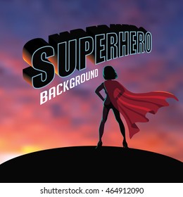 Superhero Woman Silhouette Sunrise Or Sunset Background With Copy Space. EPS 10 Vector.