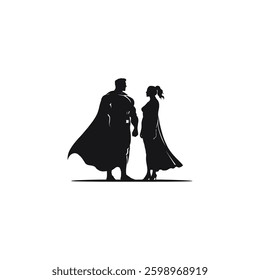 Superhero and Woman Silhouette Vector: Contrasting Figures in Minimalist Black Design