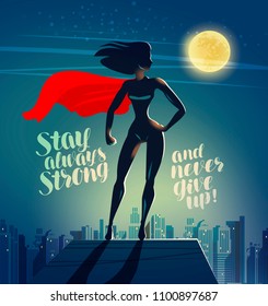 Superhero woman standing on the roof of a skyscraper. Comics cartoon vector illustration