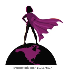 Superhero Woman Standing On Top Of The World. EPS10 Vector Illustration.