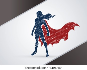 Superhero Woman standing using grunge brush graphic vector.