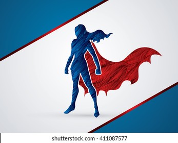 Superhero Woman Standing Using Grunge Brush Graphic Vector.