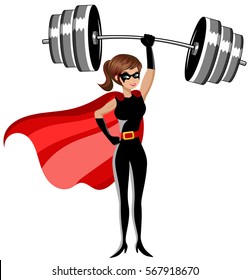 Superhero woman standing weightlifter lifting heavy weights above head isolated