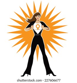 Superhero woman tearing open shirt to reveal symbol. EPS 10 vector.
