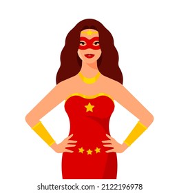 Superhero Woman. Wonder Female Hero In Red Superhero Costume. Beautiful Young Girl In Red Dress, Carnival Mask, Golden Adornment. Female Figure In Flat Modern Style.