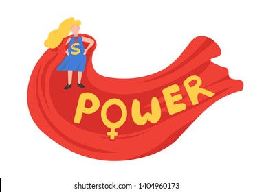 Superhero. Women Power Concept. Illustration of a superheroine in blue dress and red cape with word Power. Vector illustration.