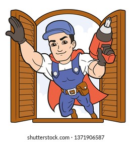 Superhero worker flying into a window 2