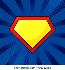 Superhero yellow and red logo template on bright blue, pop art background. Isolated, eps10.