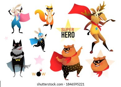 Superhero zoo animals party collection, bear, moose, bunny, rabbit, wolf. Brave and silly animal characters party performance wearing mask and cape, vector cartoon for kids.