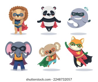 Superhelden Tierkinder-Set. Sammlung von Aufklebern für soziale Netzwerke. Fox, Elefant, Koala, Delphin, Panda und Löwe in Mänteln. Cartoon-FlachVektorgrafiken einzeln auf weißem Hintergrund