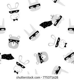 Superheroes animal seamless pattern, monochrome scandinavian style. Vector hand drawn illustration.